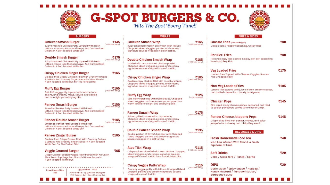 G-Spot Burgers Menu